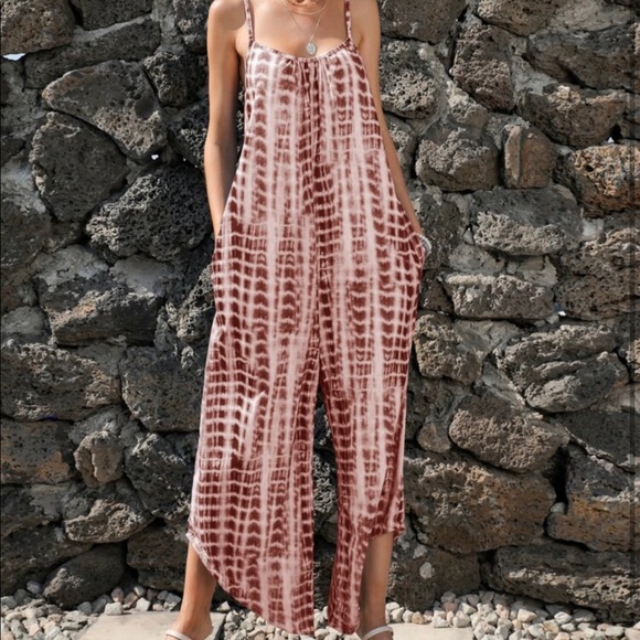Boho Tie Dye Ombre Wide Leg Pants Pocket Jumpsuit - Picture 6 of 15